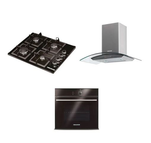 Combo Cocina A Gas Challenger Sq6759  4 Quemadores Incluye Horno Hg2555 Y Campana Extractora Cx4800 Color Negro Con Gris