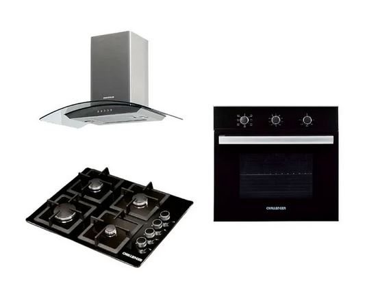 Combo Cocina A Gas Challenger Sq6759  4 Quemadores Incluye Horno He2750 Y Campana Extractora Cx4800 Color Negro