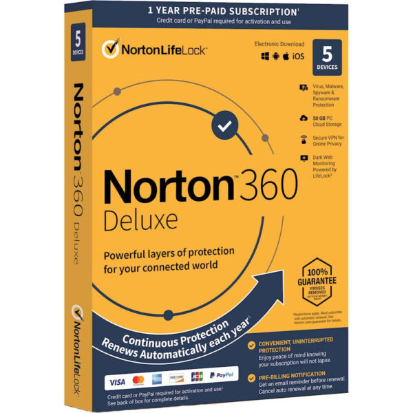 Norton Antivirus 360 Deluxe – 5 Dispositivos – 50Gb – 1 Año