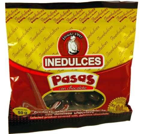 Display Pasitas Con Chocolate Fino De Aroma Al 55%. 10 Funditas De 30 Gr.