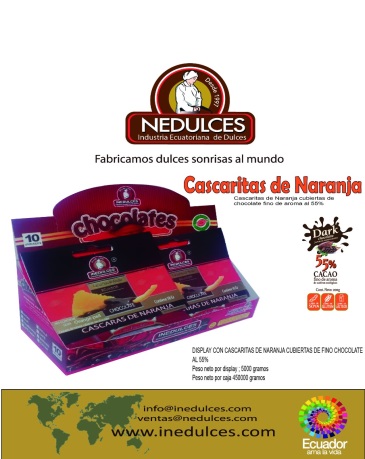 Display De Cascaritas De Naranja Confitadas Cubiertas De Chocolate Fino De Aroma Al 55%. 10 Funditas De 30 Gr.