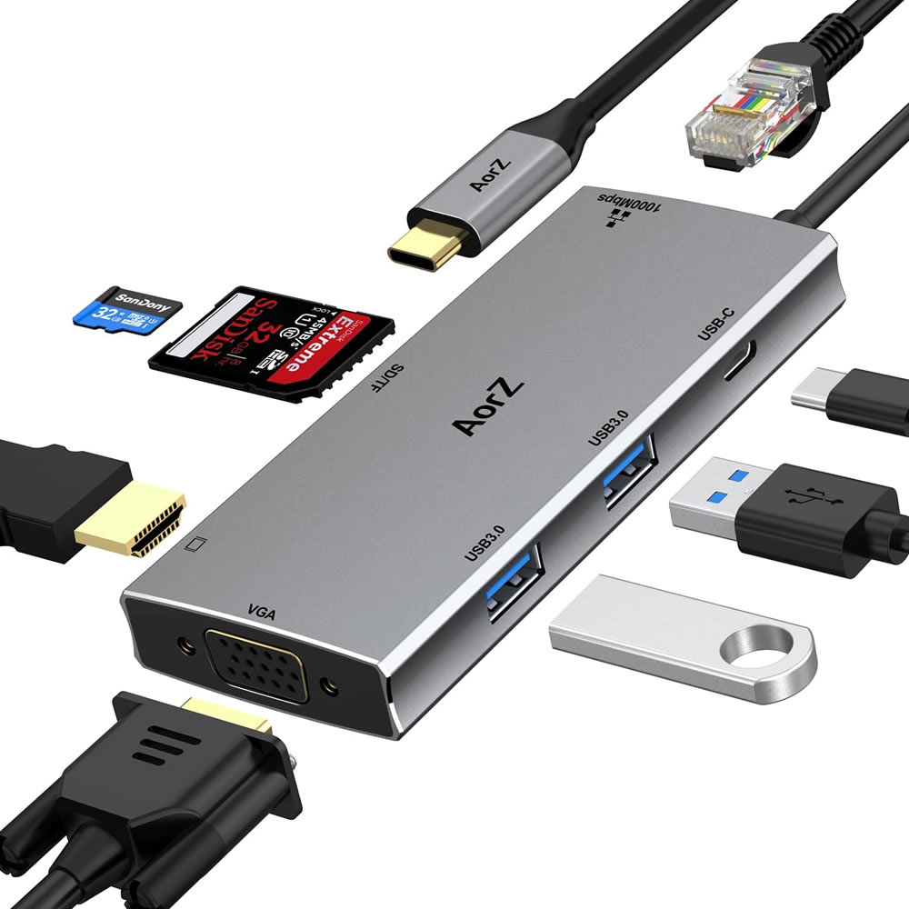 Adaptador Hub Usb-C Aorz 8-1 100W Pd / 4K Hdmi / Vga / 1Gbps Ethernet / Usb 3.0 X2 / Sd/Tf