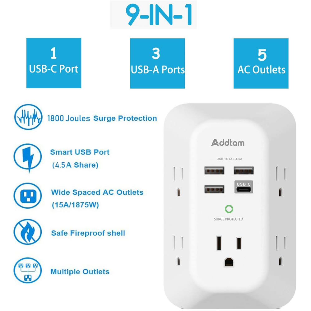 Extensión de Puertos de Corriente 9en1 + cargador USB-C/USB Addtam