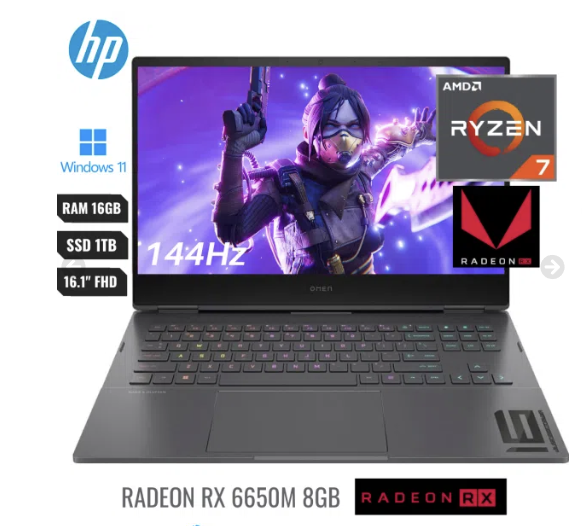 Laptop Hp Omen 16-n0033dx Amd Ryzen 7 6800h 16gb Ram Ssd 1 Tb Pcie Nvme M.2 *amd Radeon Rx 6650m 8gb Vram* 16.1″